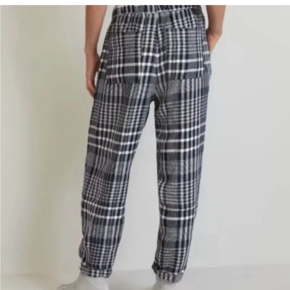 Everlane Plaid Linen Barrel Pant pull on checker navy white academia XXS new